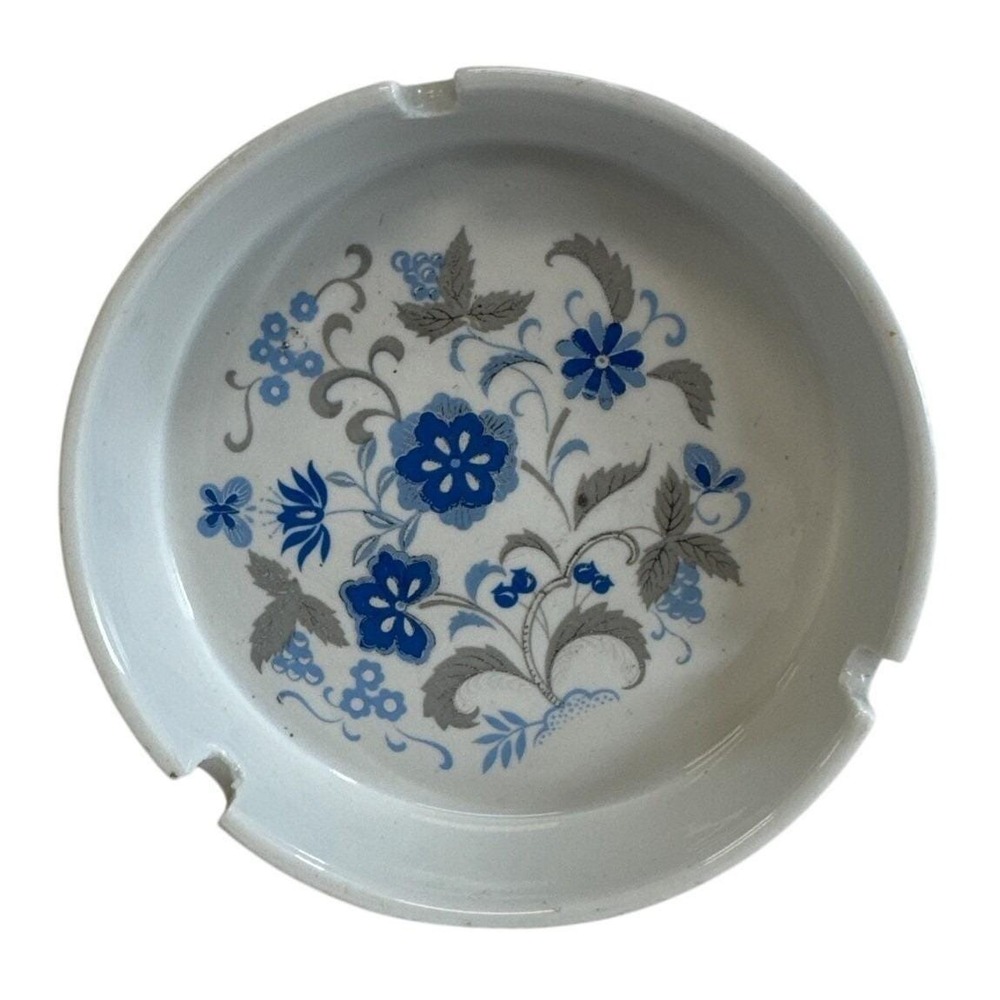 Vintage Ceramic Ashtray Blue Floral Pattern Round White Trinket Dish 5 Inch